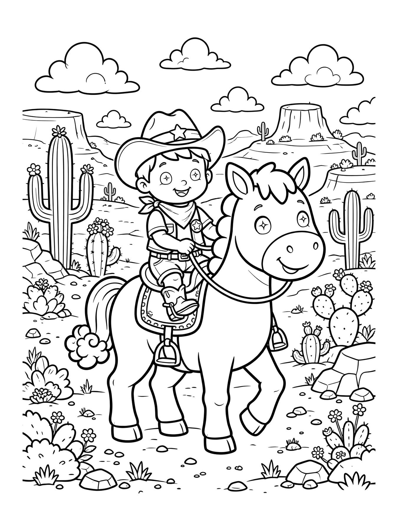 Desenho de cavalo com cowboy fofo para colorir