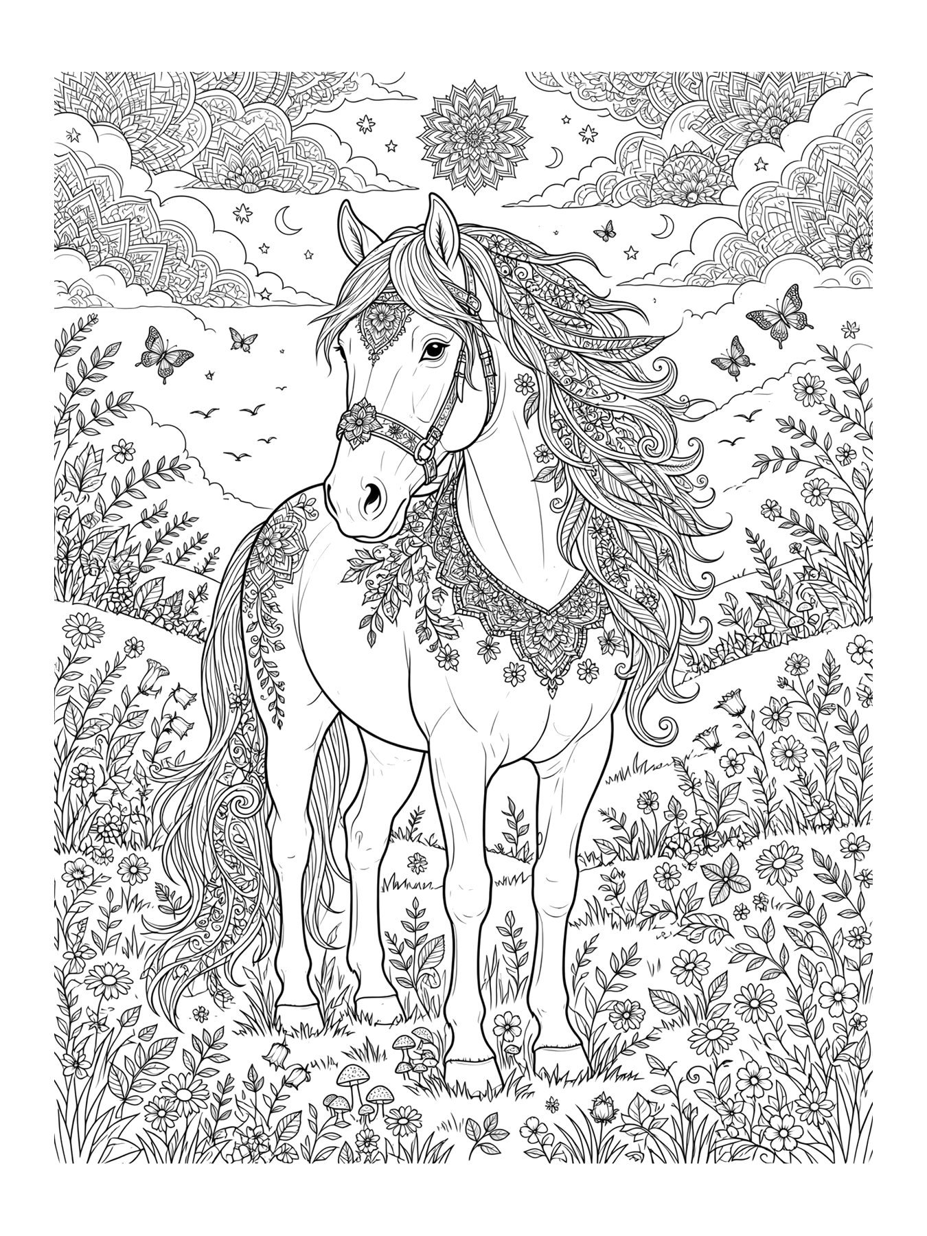 Desenho de cavalo detalhado para colorir