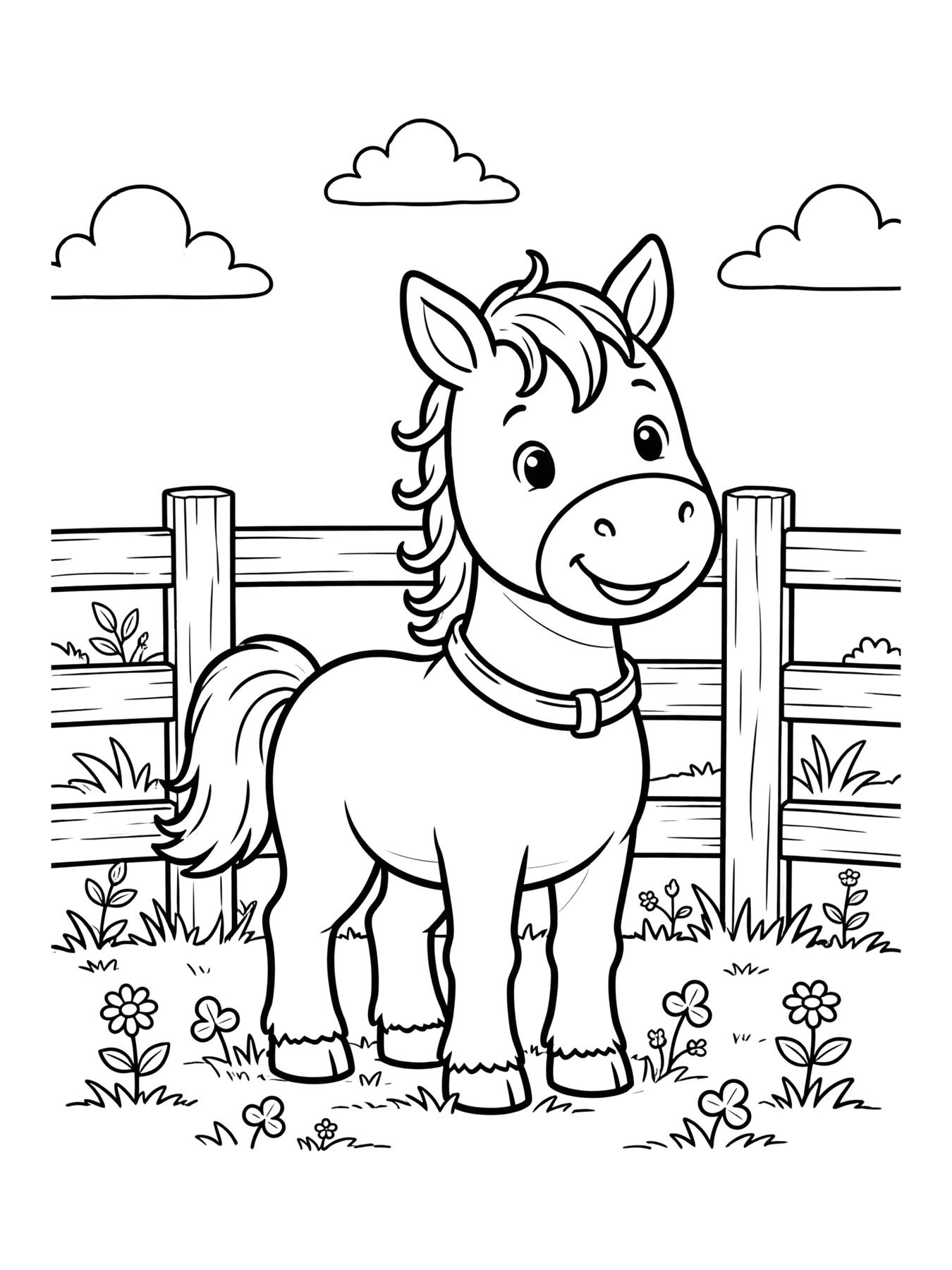 Desenho de cavalo na fazenda com cerca para colorir