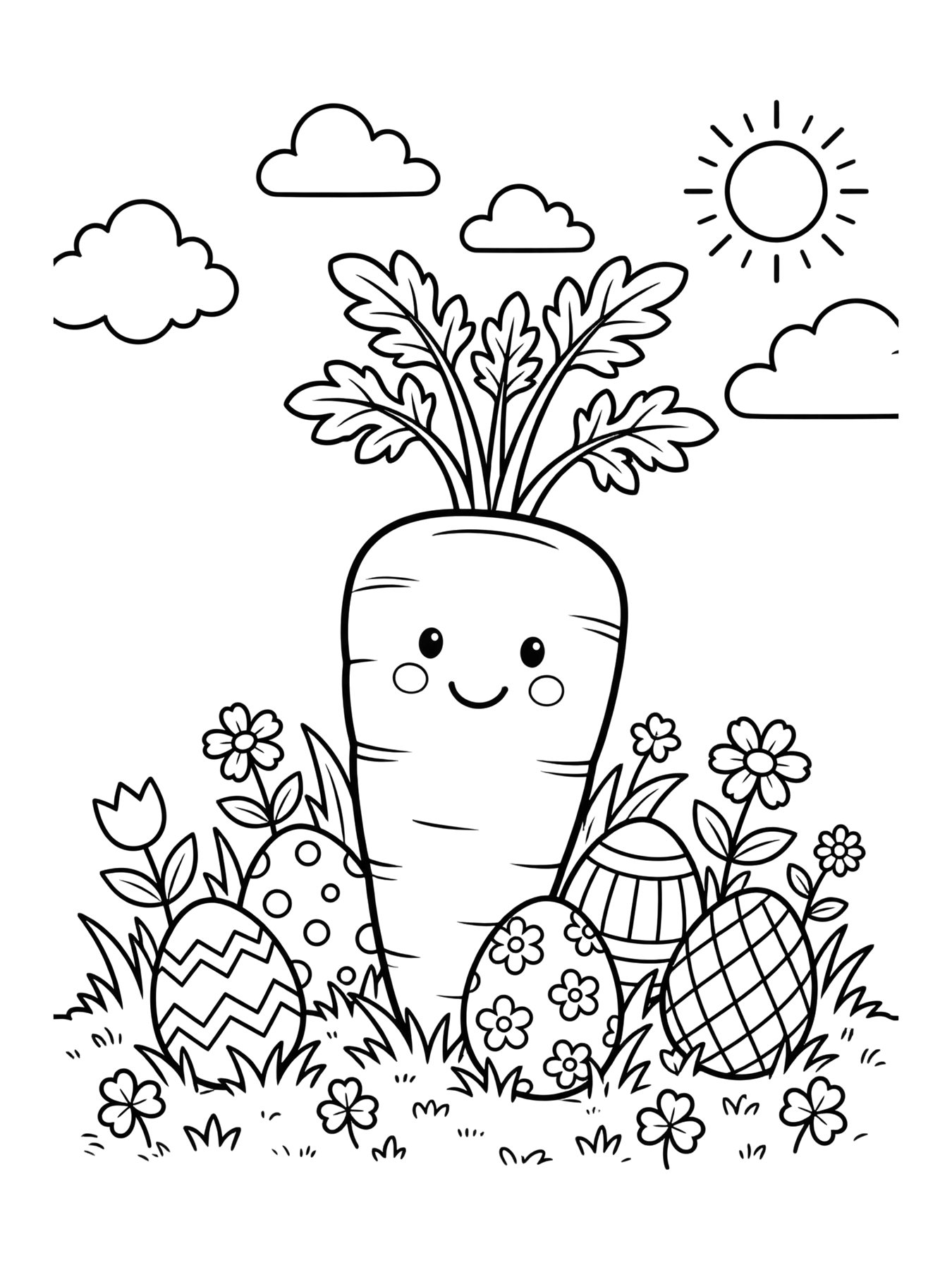 Desenho de cenoura e ovos no jardim para colorir