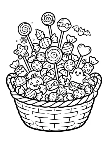 Desenho de cesta de doces de Halloween com balas e pirulitos para colorir