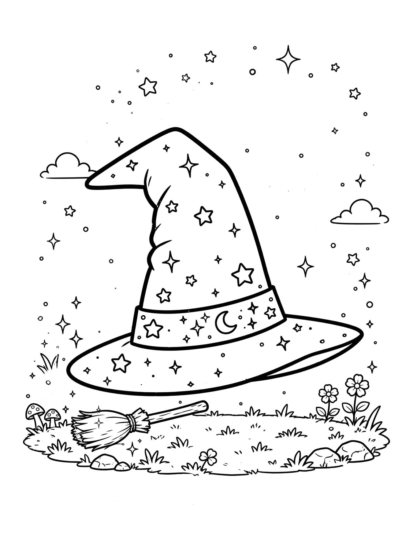 Desenho de chapéu de bruxa com estrelas para colorir