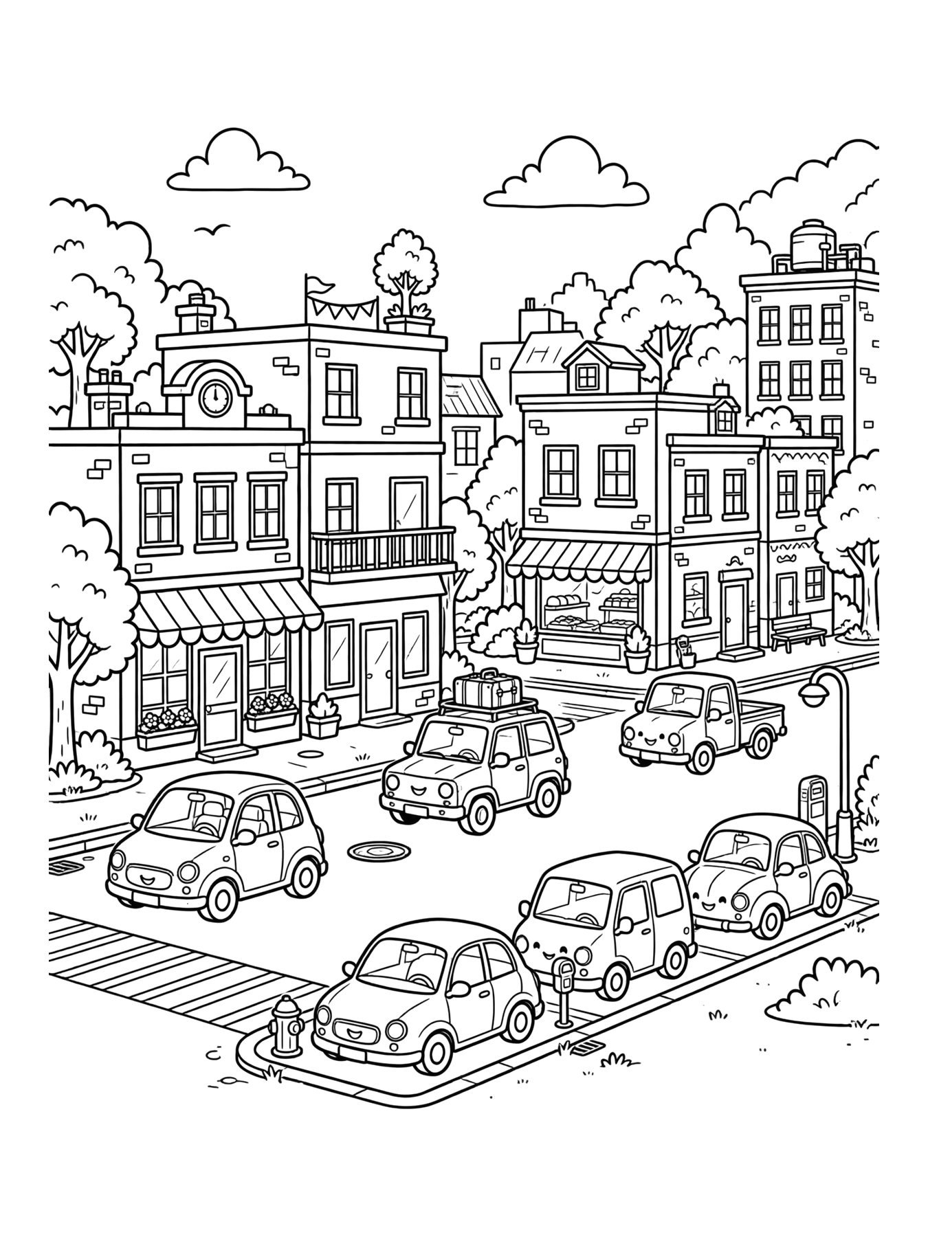 Desenho de cidade com vários carros para colorir