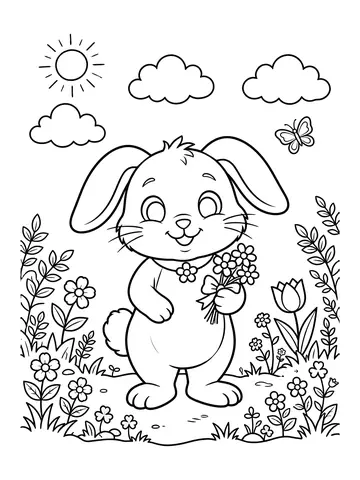 Desenho de coelho com flores para colorir
