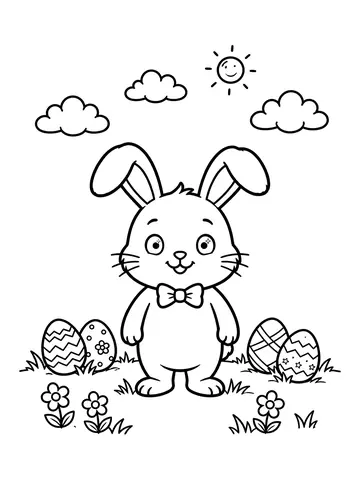 Desenho de coelho com ovos de páscoa decorados para colorir