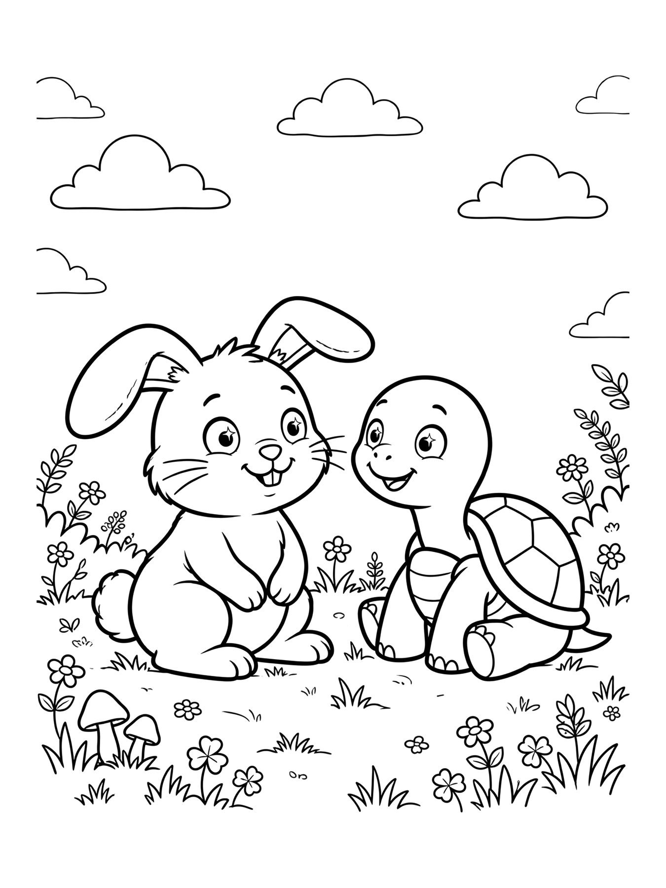 Desenho de coelho e tartaruga para colorir