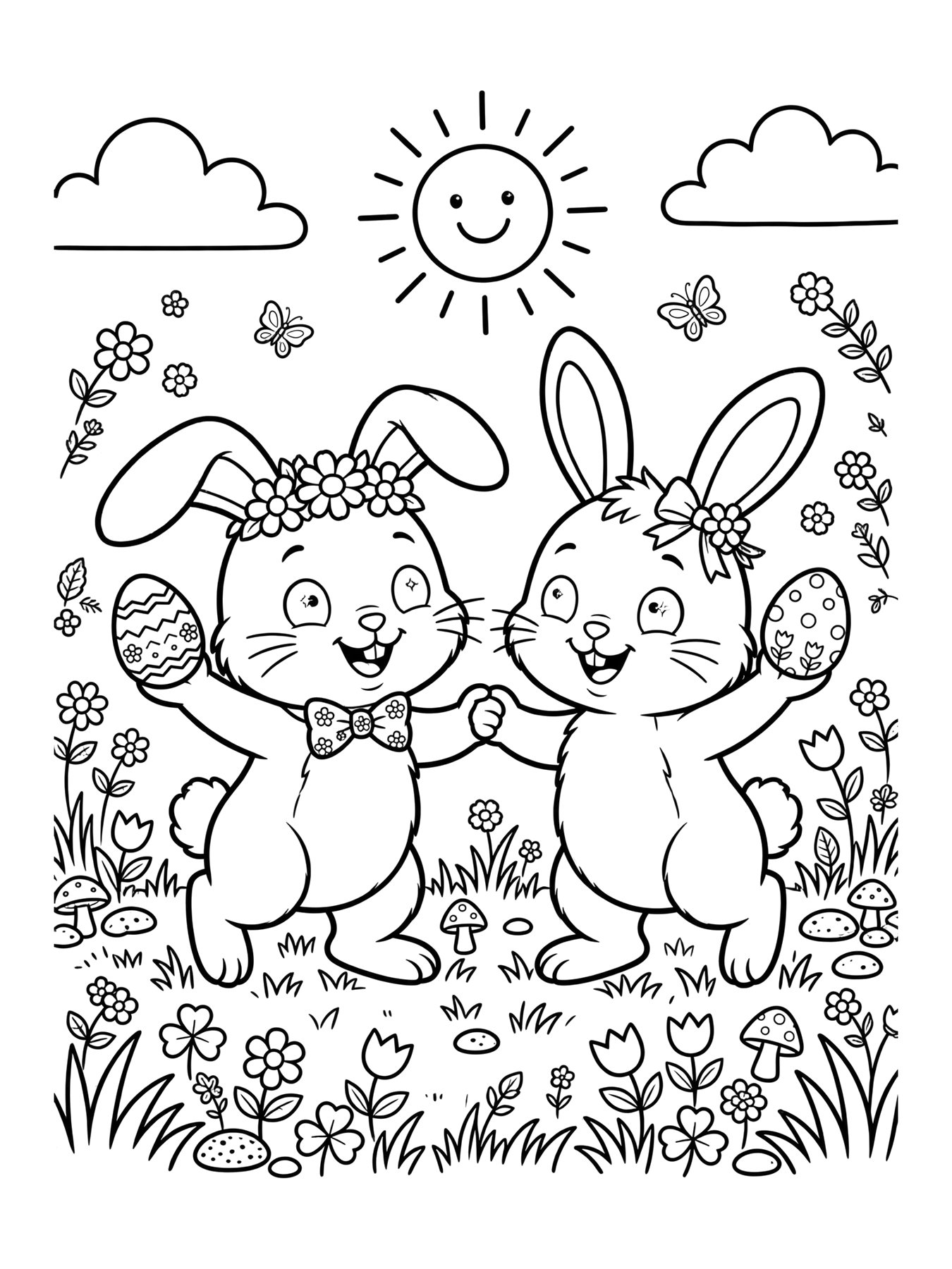 Desenho de coelhos dançando com ovos para colorir