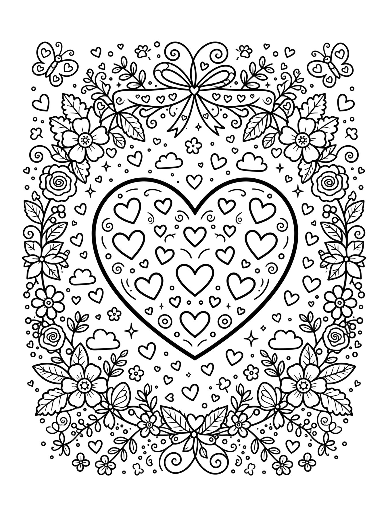 Desenho de coração com moldura para colorir