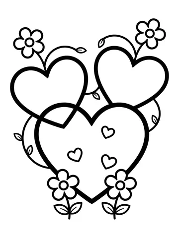 Desenho de corações com flores para colorir