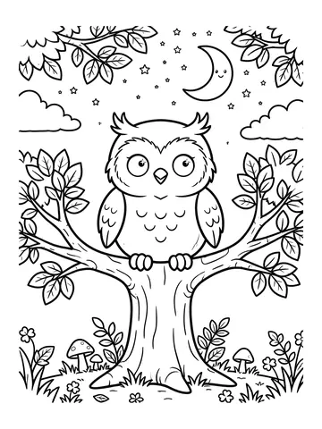 Desenho de coruja no galho com lua para colorir