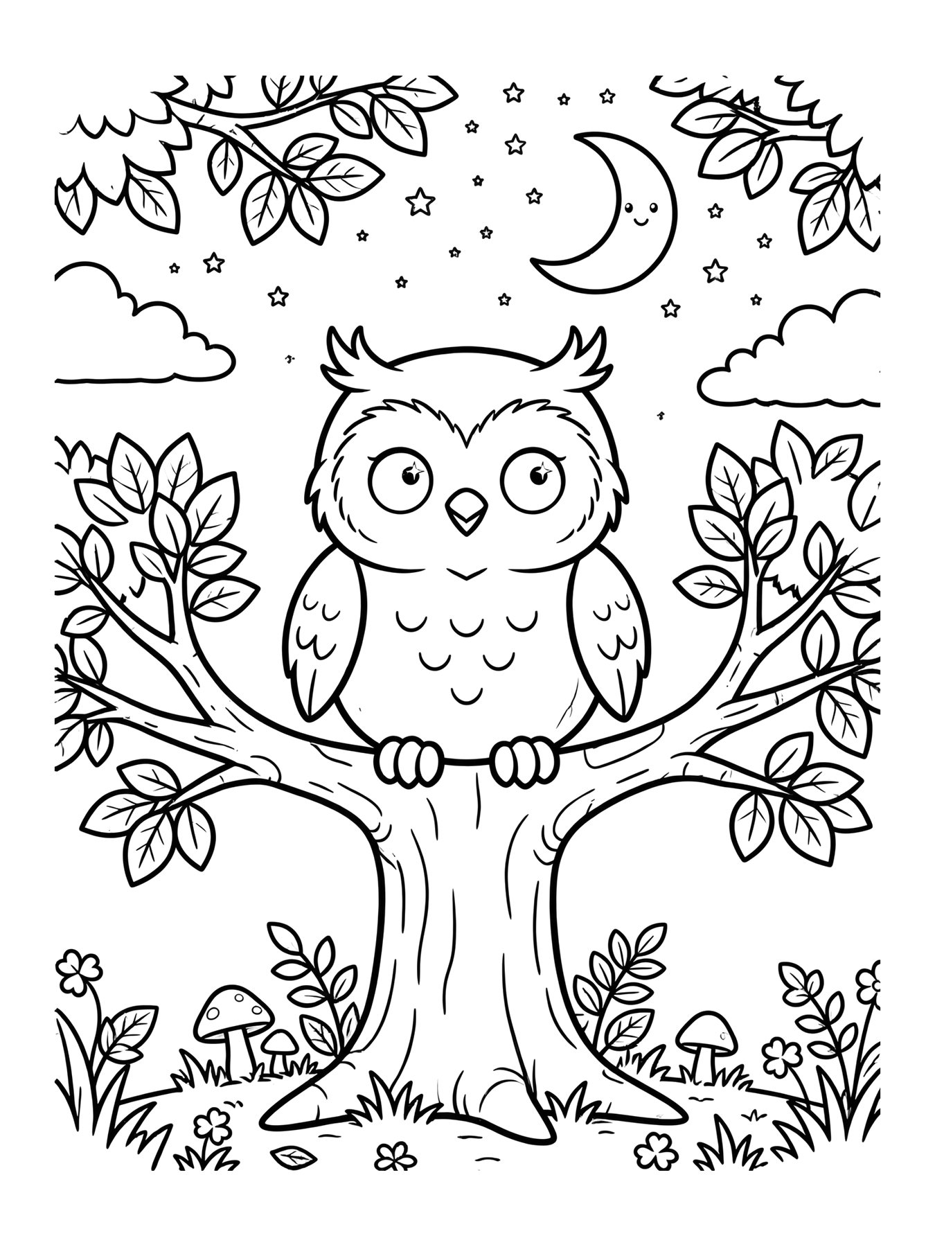 Desenho de coruja no galho com lua para colorir
