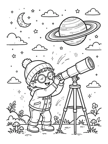 Desenho de criança com telescópio olhando Saturno para colorir