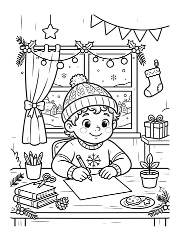 Desenho de criança escrevendo carta para o Papai Noel para colorir
