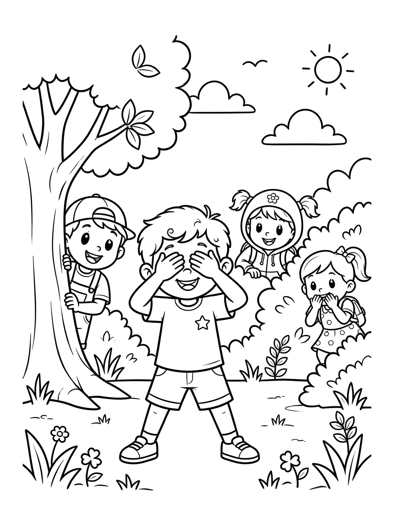 Desenho de crianças brincando de esconde-esconde para colorir