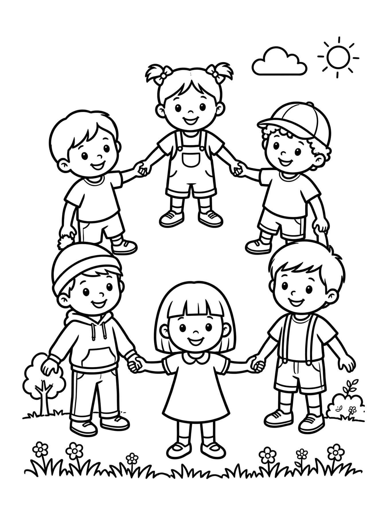 Desenho de crianças brincando de roda no parque para colorir
