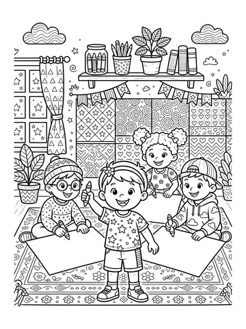 Desenho de crianças desenhando juntas para colorir