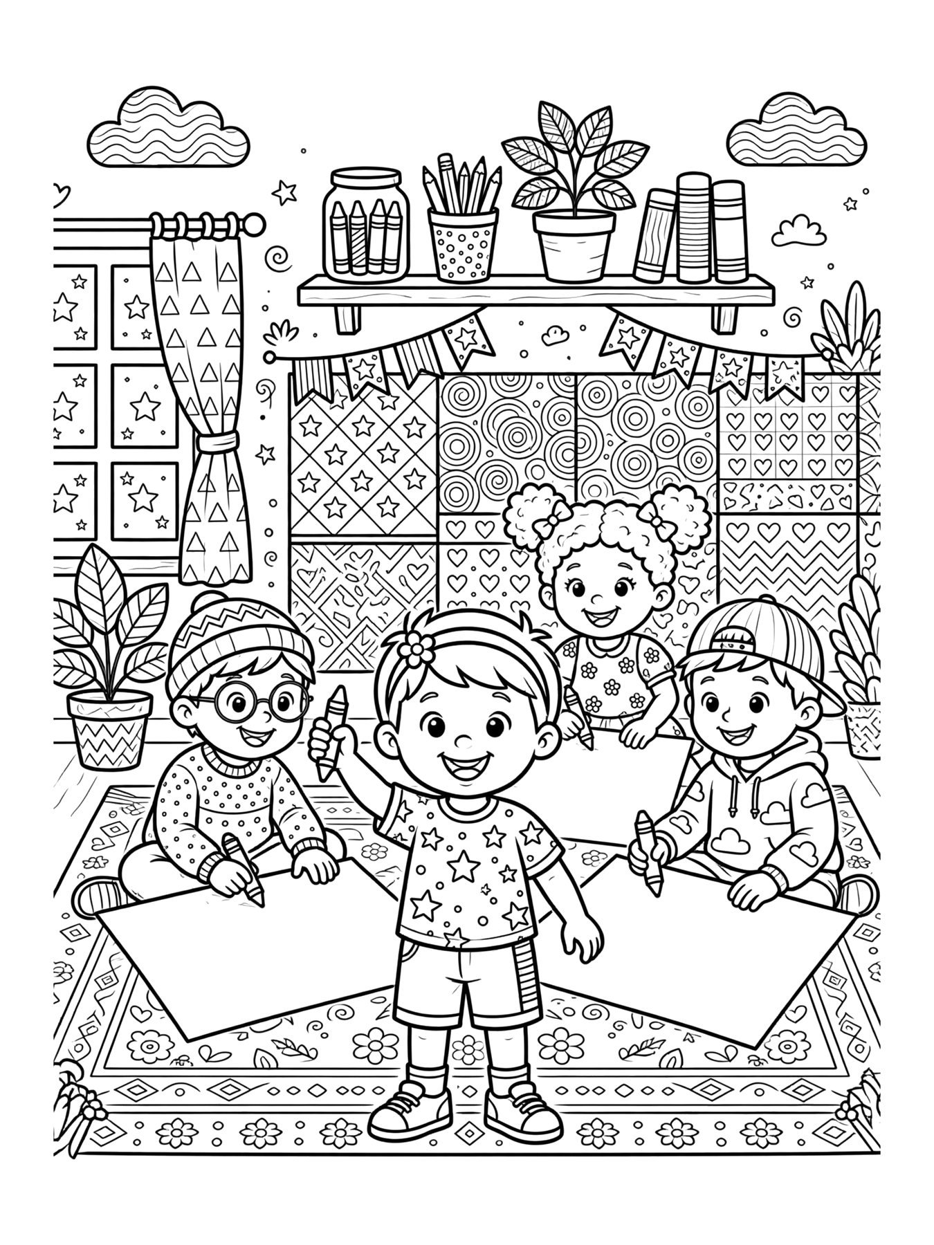 Desenho de crianças desenhando juntas para colorir