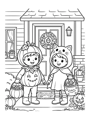 Desenho de crianças fantasiadas pedindo doces para colorir