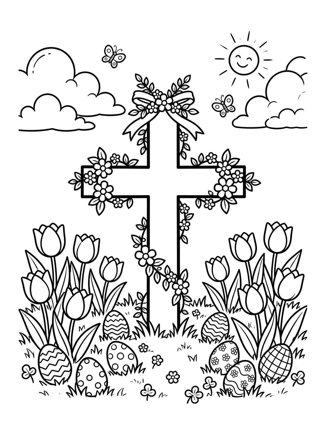 Desenho de cruz com flores de Páscoa para colorir