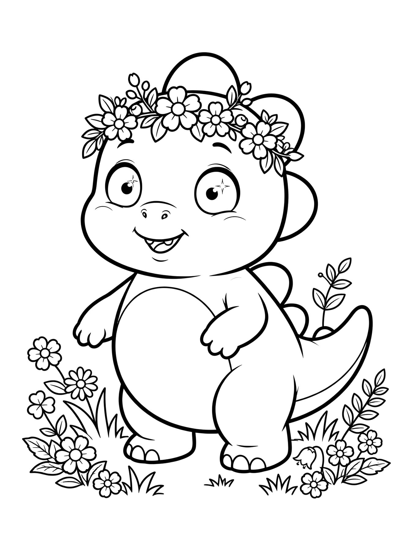 Desenho de dino Dudu com coroa de flores para colorir