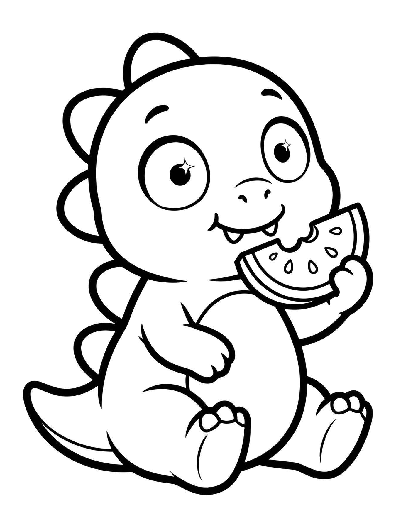 Desenho de dino Dudu comendo uma melancia para colorir