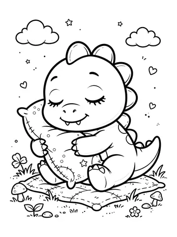 Desenho de dino Dudu dormindo abraçado num travesseiro para colorir