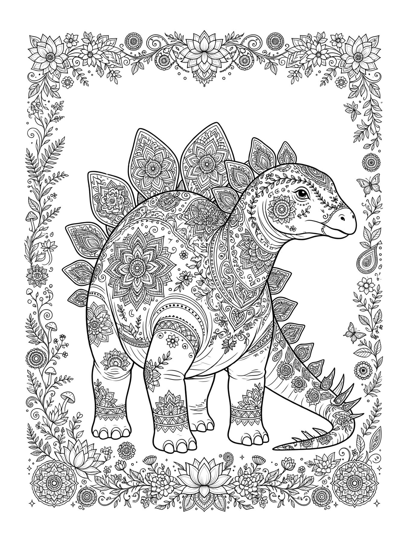 Desenho de dinossauro com padrões detalhados para colorir