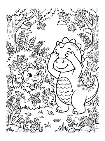 Desenho de dinossauros brincando de esconde-esconde para colorir