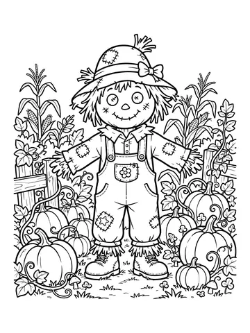 Desenho de espantalho fofo na plantação para colorir