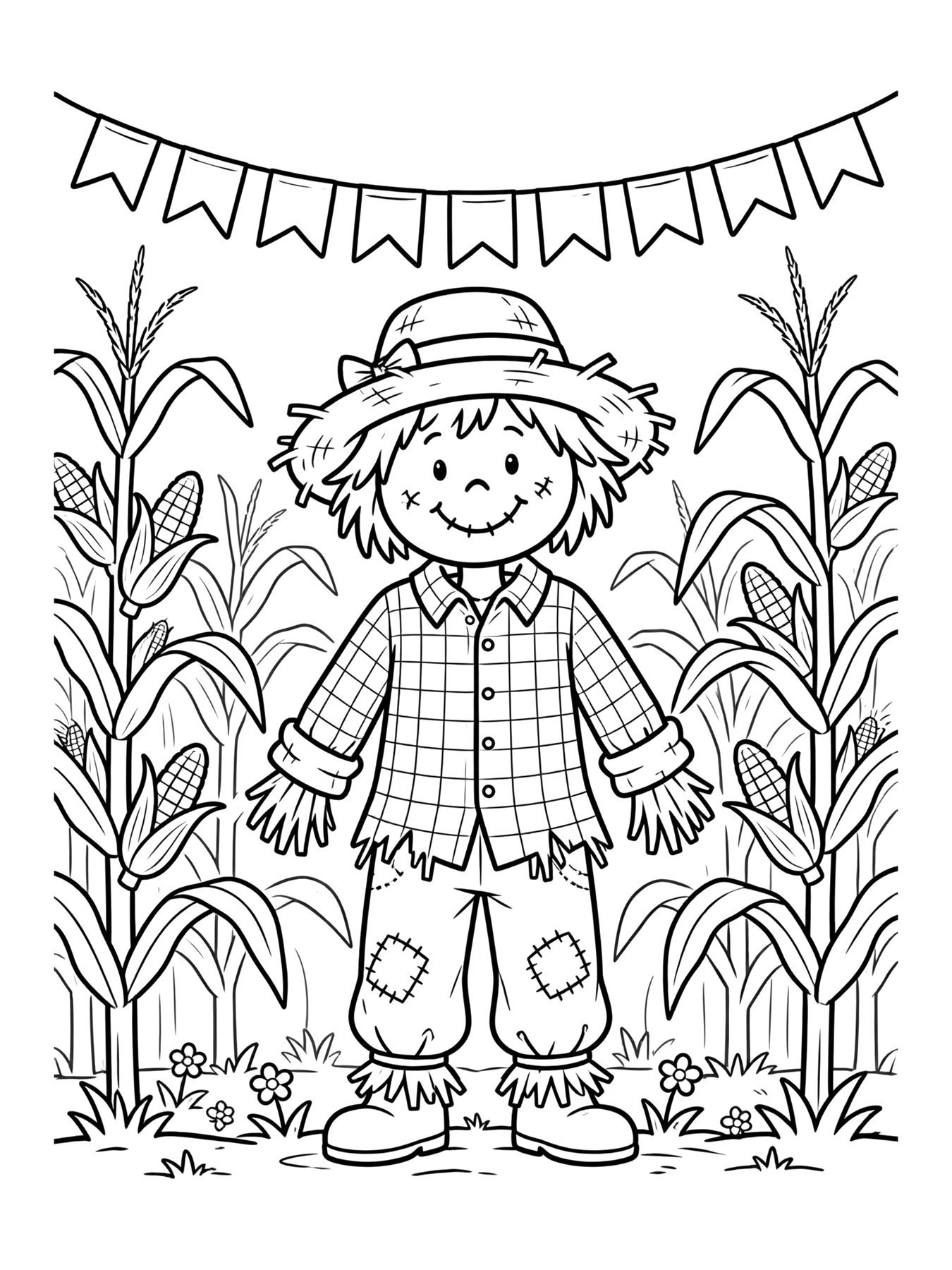 Desenho de espantalho no milharal para colorir