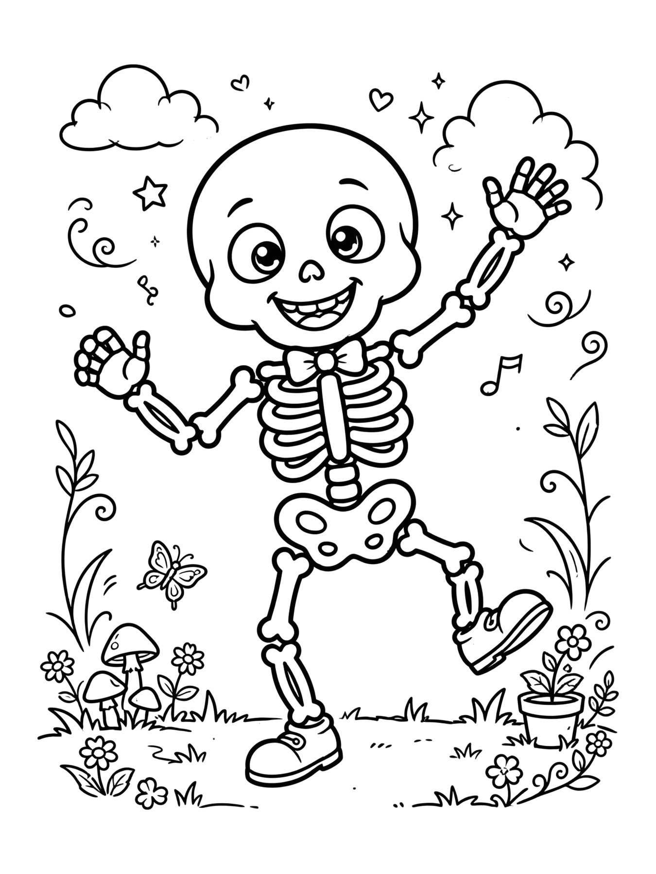 Desenho de esqueleto fofo dançando para colorir