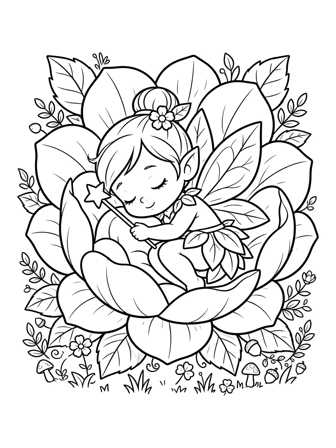 Desenho de fafá a fadinha dormindo numa flor para colorir