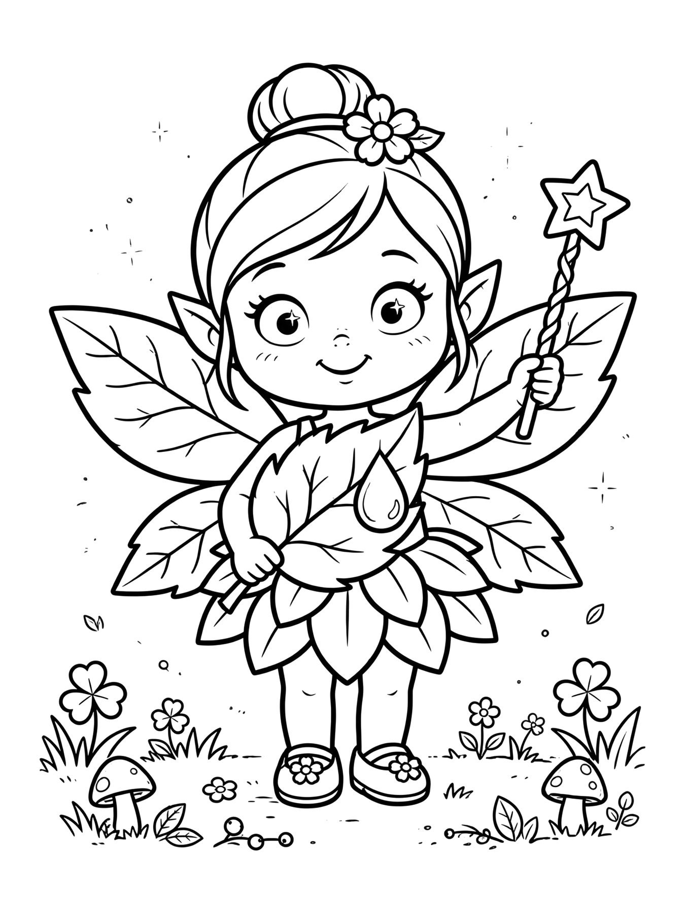 Desenho de fafá a fadinha segurando uma gota de orvalho para colorir