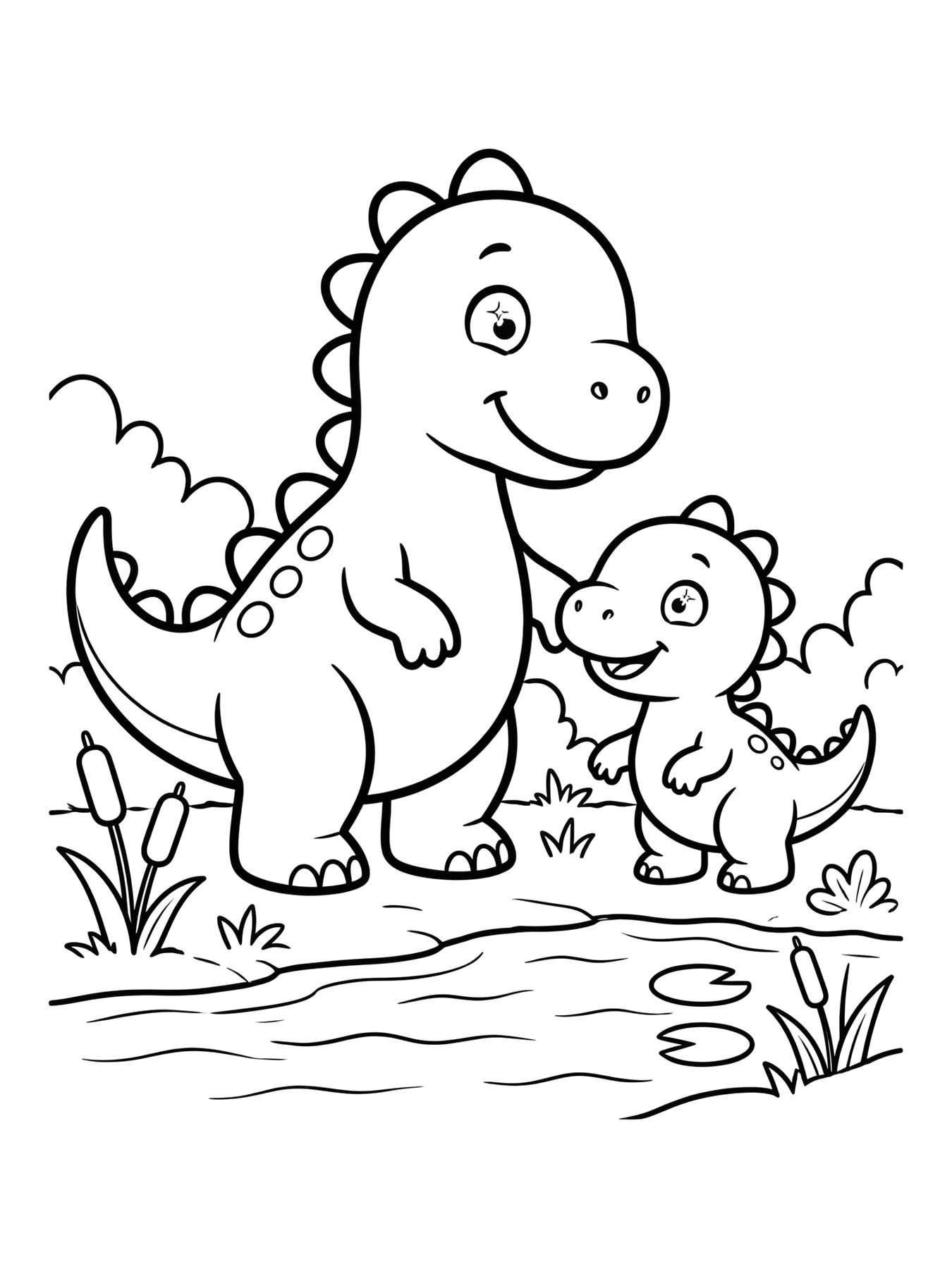 Desenho de família de dinossauros perto do rio para colorir