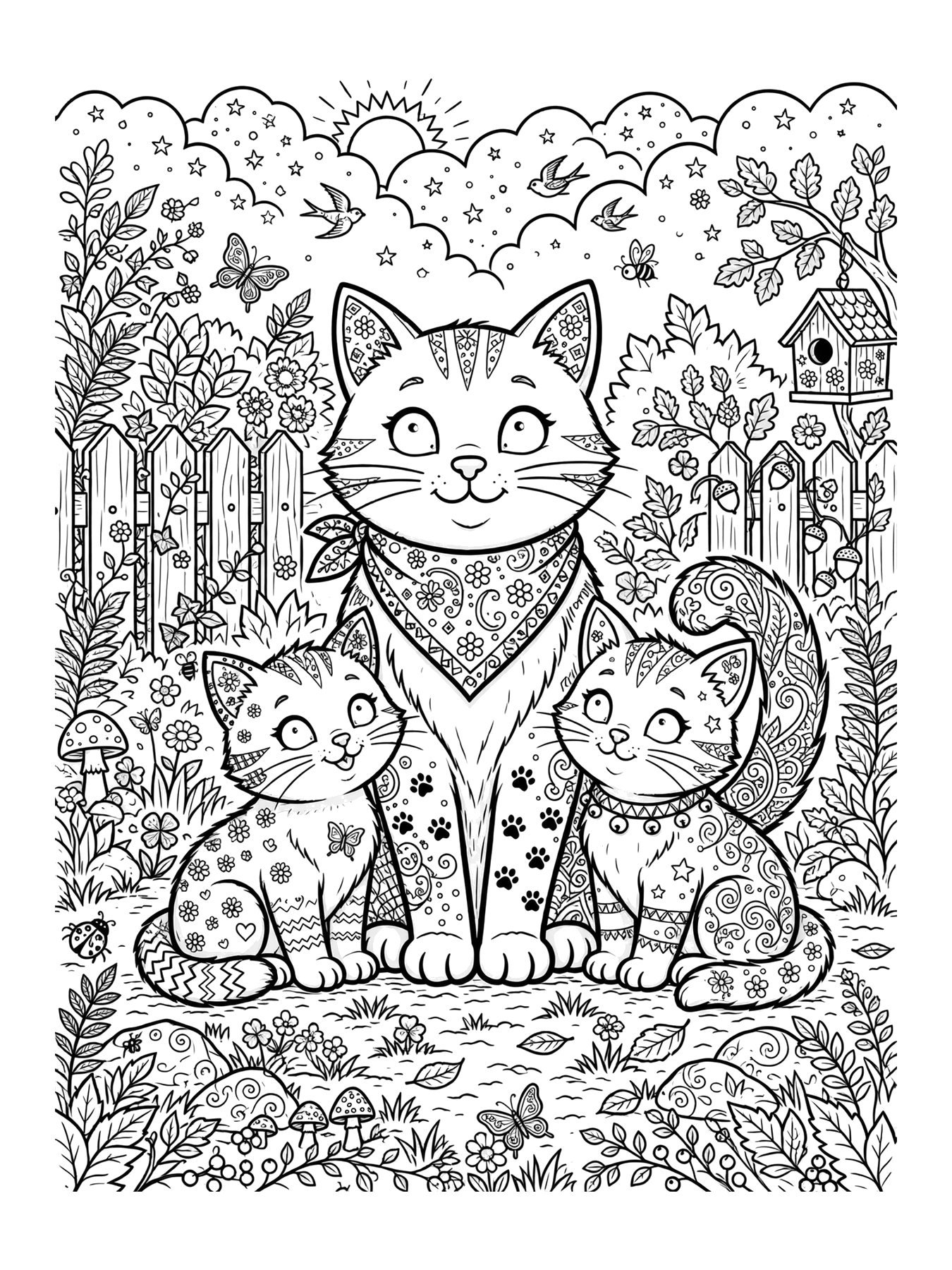Desenho de família de gatos para colorir