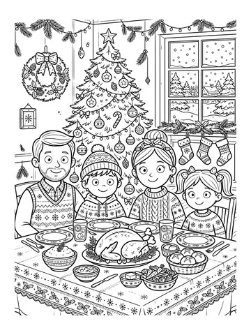 Desenho de família na ceia de Natal para colorir