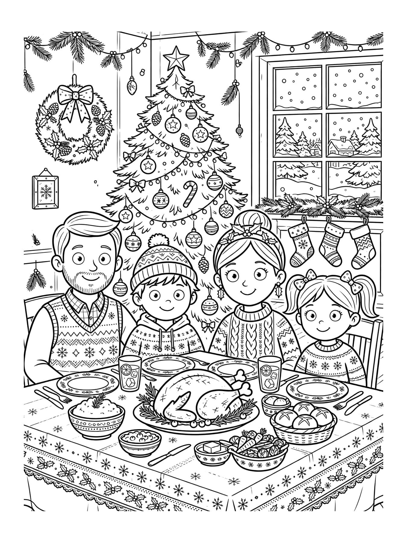 Desenho de família na ceia de Natal para colorir