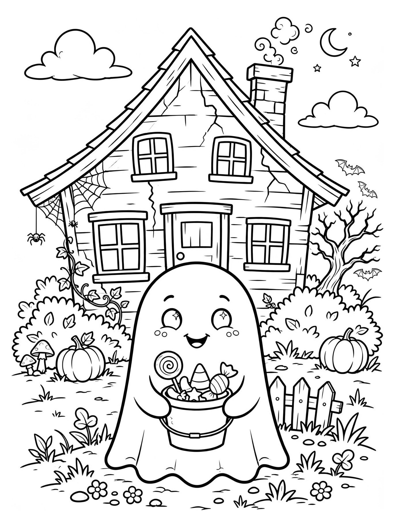 Desenho de fantasma fofo segurando balde de doces na frente de uma casa, para colorir