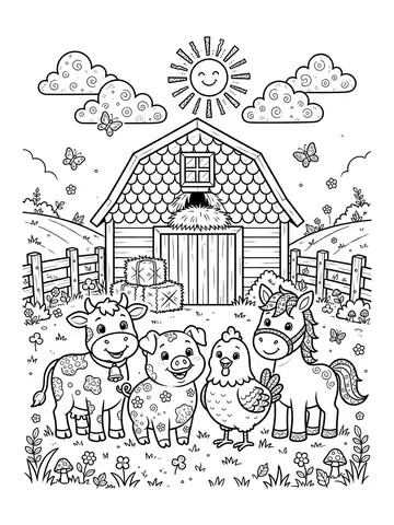 Desenho de fazenda com vários animais para colorir