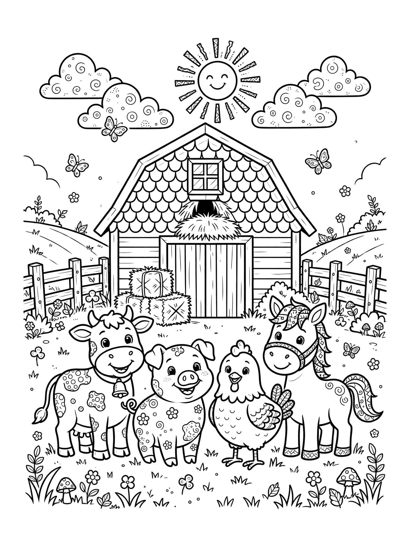 Desenho de fazenda com vários animais para colorir