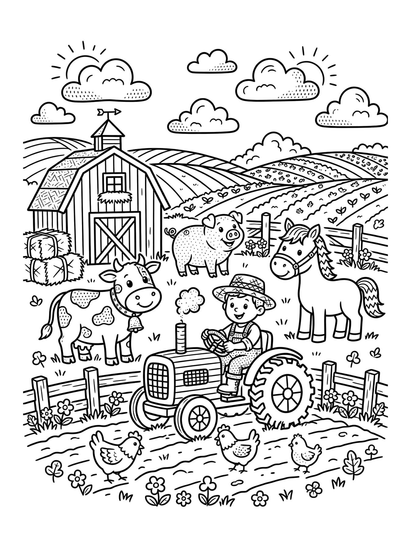 Desenho de fazenda completa com celeiro e animais para colorir