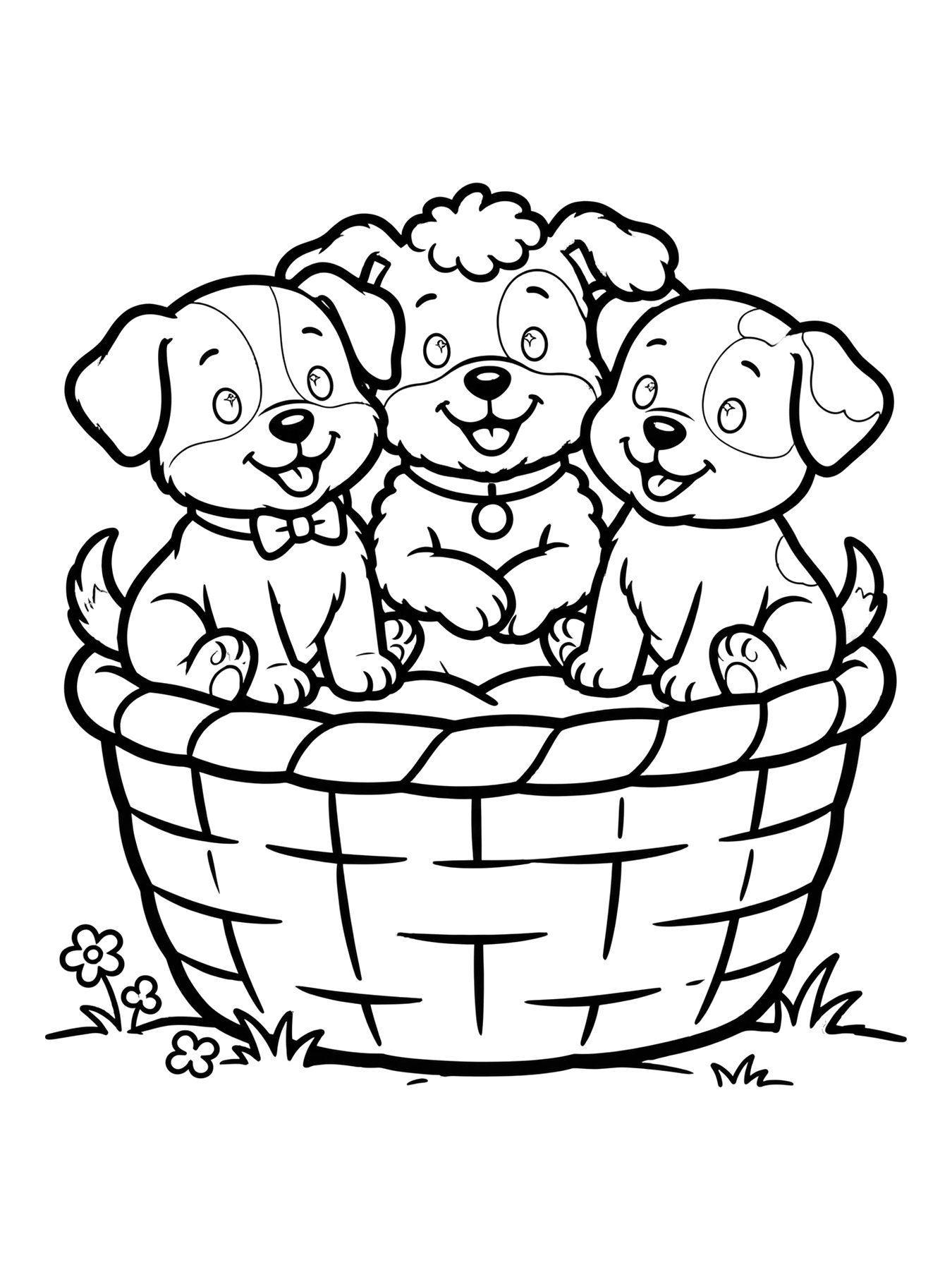 Desenho de filhotes de cachorro em uma cesta para colorir