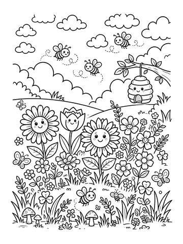Desenho de flores com abelhas para colorir