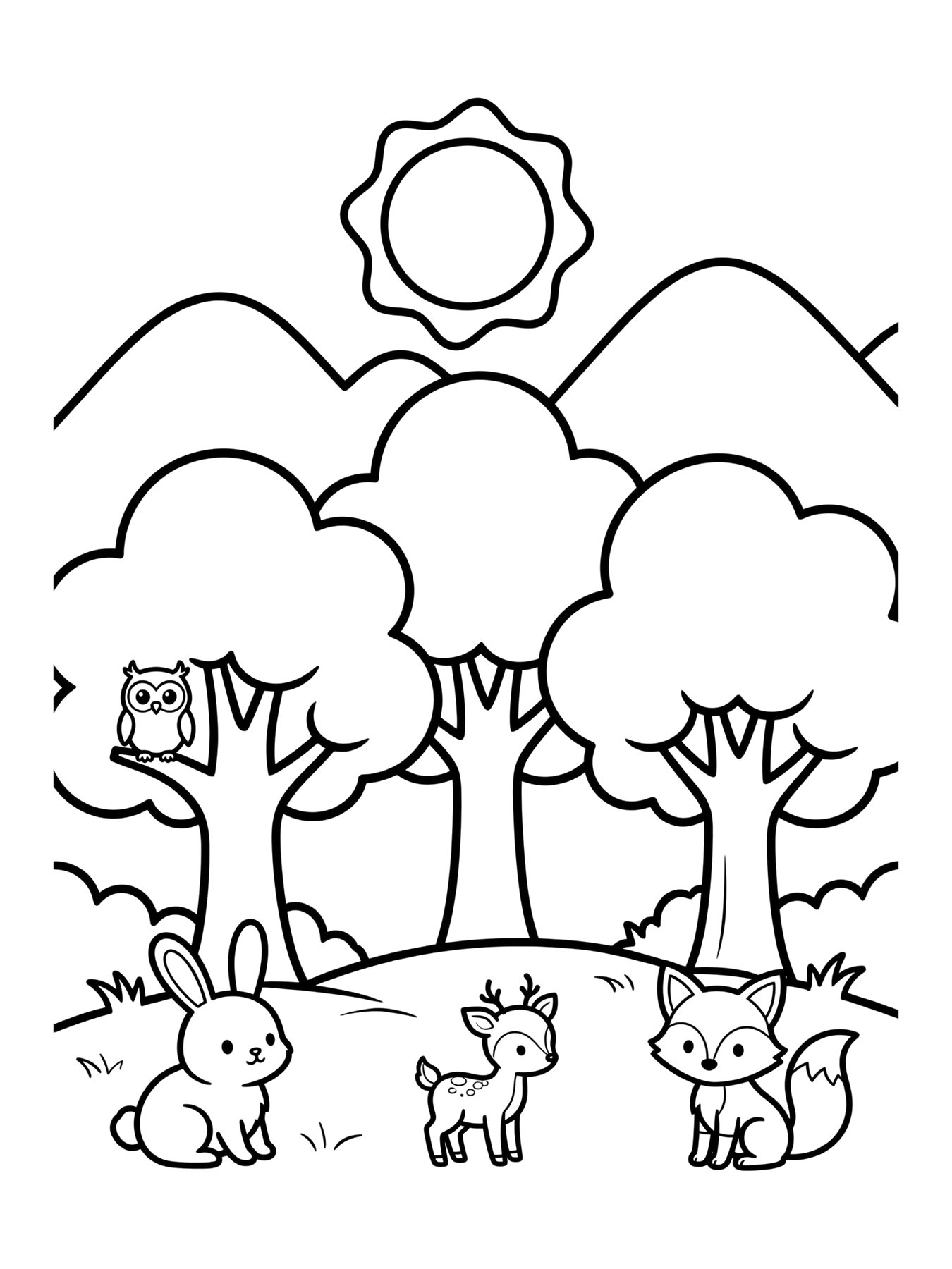Desenho de floresta com animais para colorir