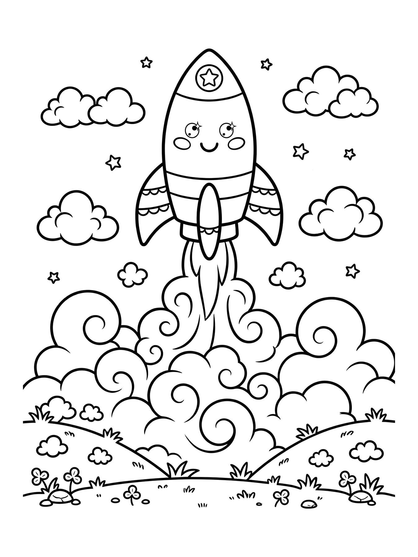 Desenho de foguete decolando com fumaça para colorir