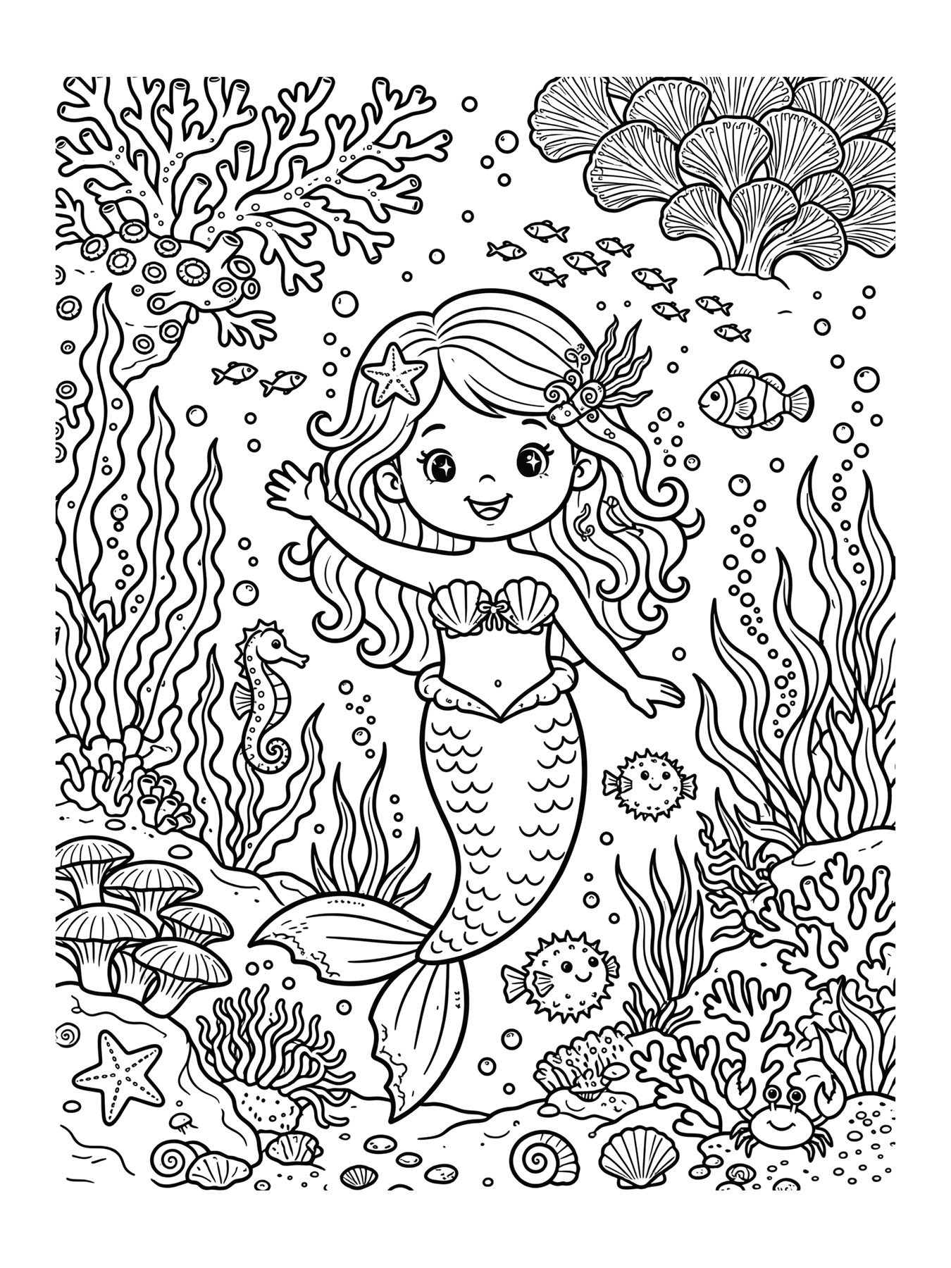 Desenho de fundo do mar com sereia detalhado para colorir