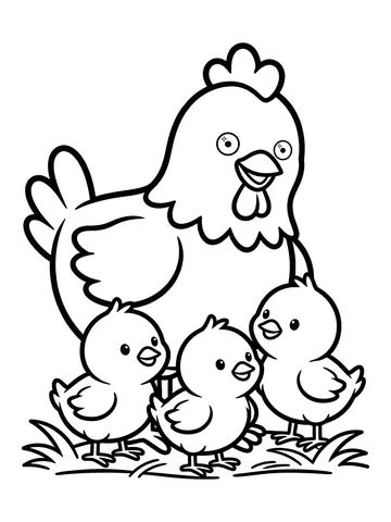 Desenho de galinha com pintinhos na fazenda para colorir