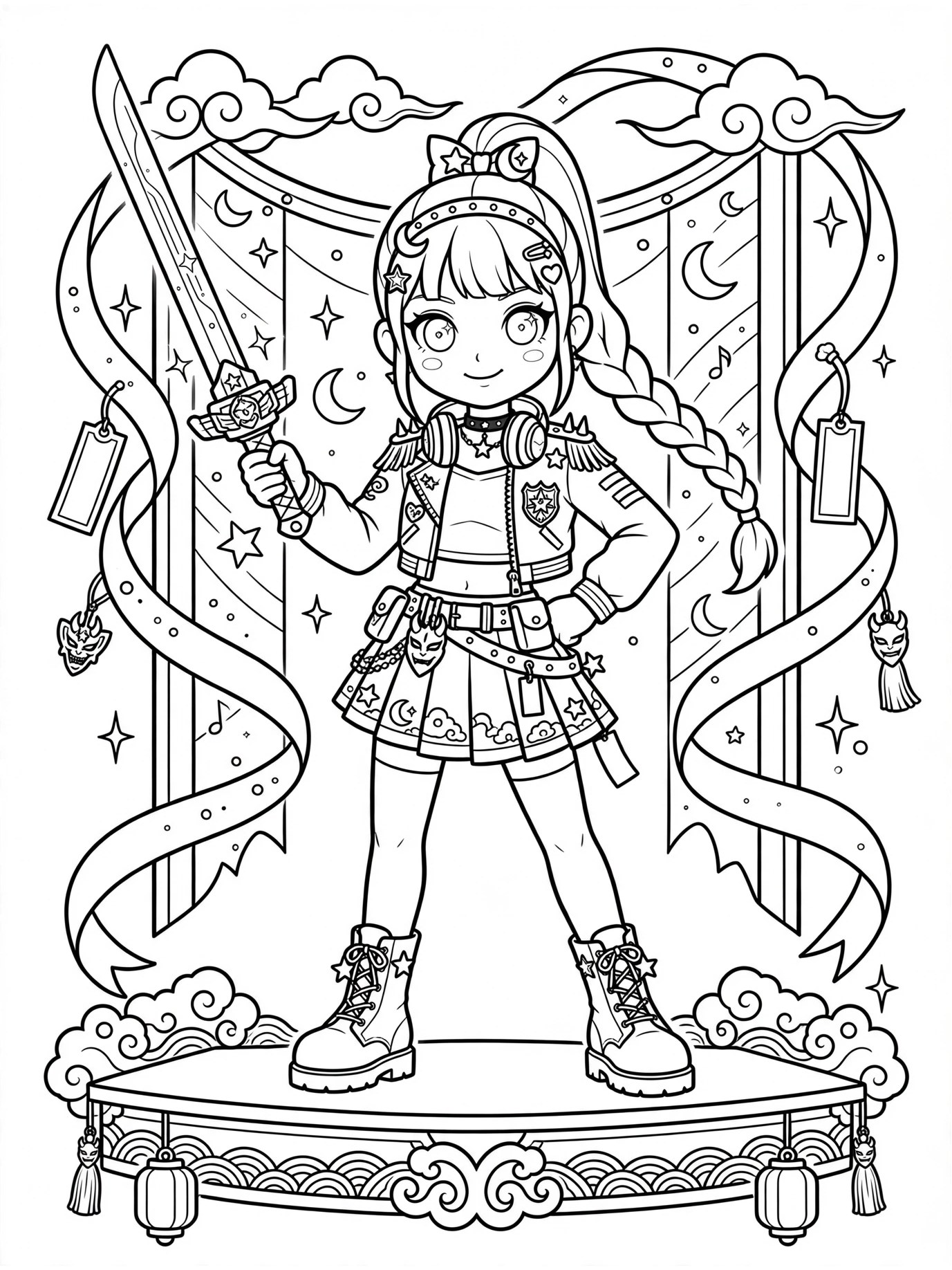 Desenho de Garota kpop com espada de luz para colorir
