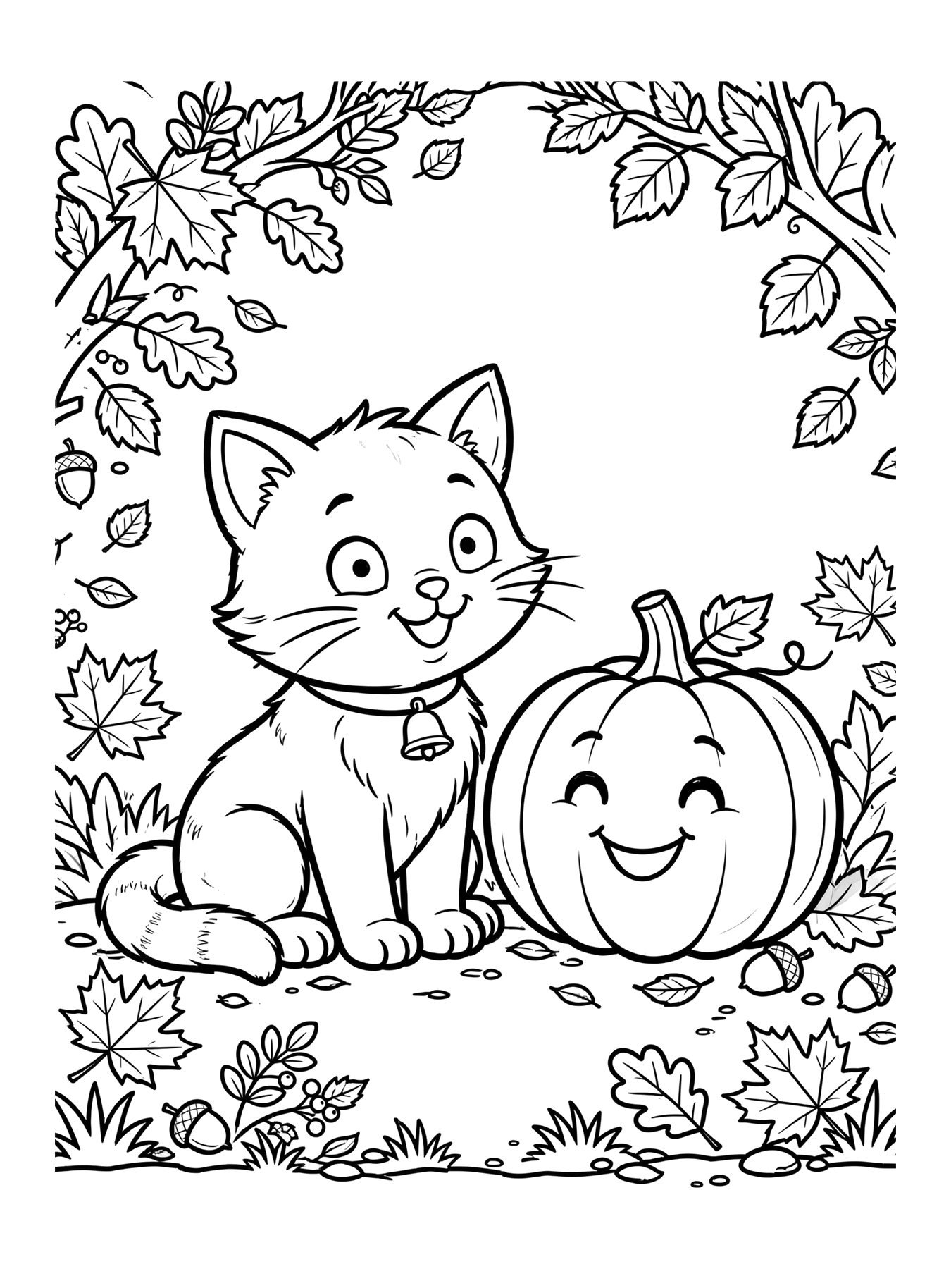 Desenho de gatinho fofo com abóbora para colorir