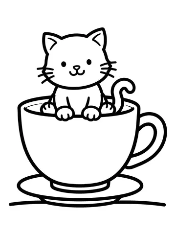 Desenho de gatinho na xícara para colorir